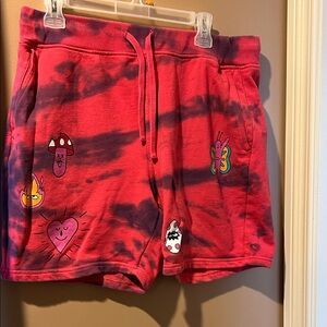 Vibrant Red Tie-Dye Athletic Shorts with Fun Patches